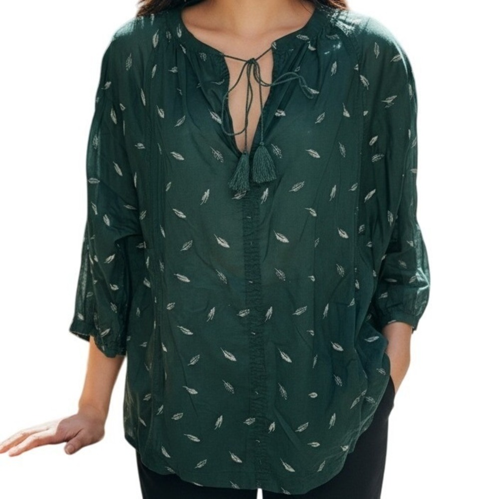 MADEWELL Green Fall Feather Print Tassel Tie Neck 3/4 Sleeve Blouse Small